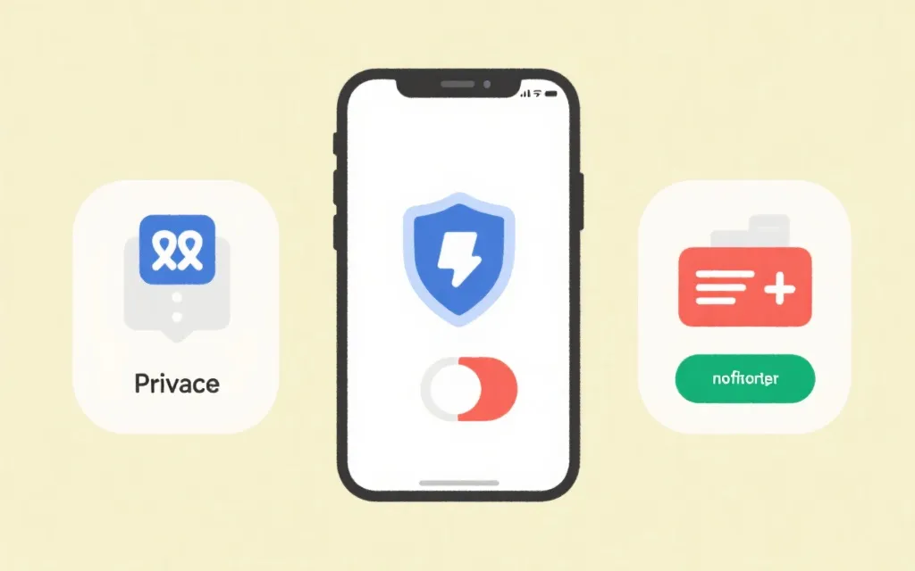 手机安全设置界面概念图，包含双重验证、隐私开关与支付通知的图标化插画