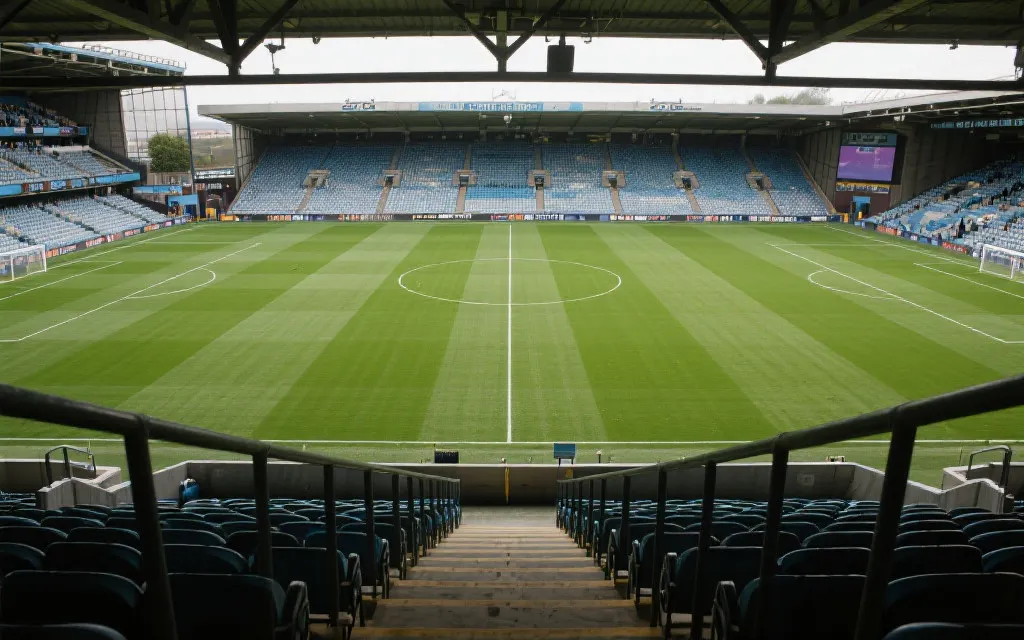 从中层看台俯瞰球场的清晰视角示意，强调中线附近观赛体验