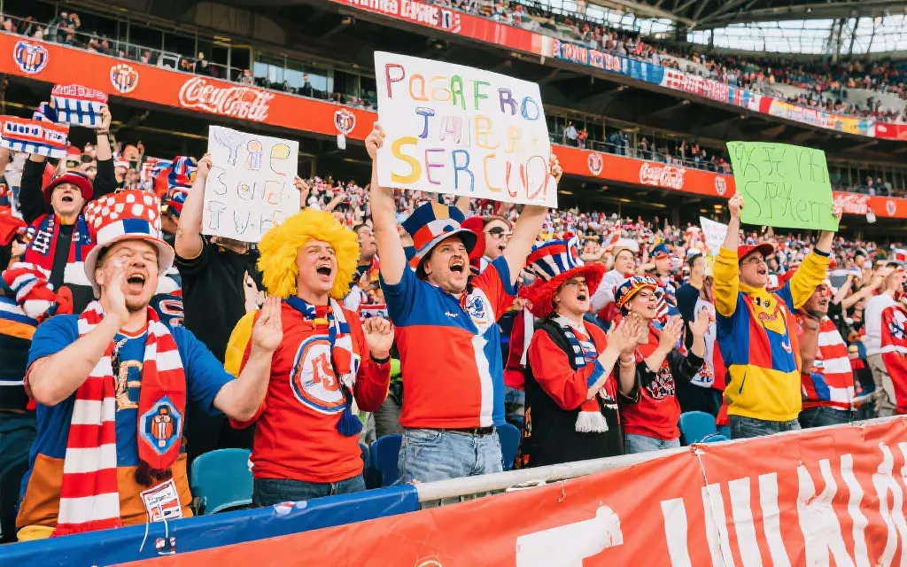 世界杯看台上球迷创意装扮与手牌的热烈氛围