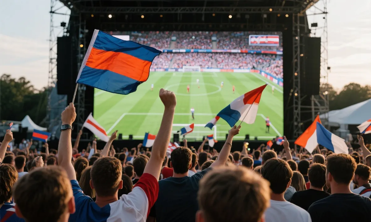 球迷在大屏幕前观看世界杯比赛、挥舞旗帜的热烈场景