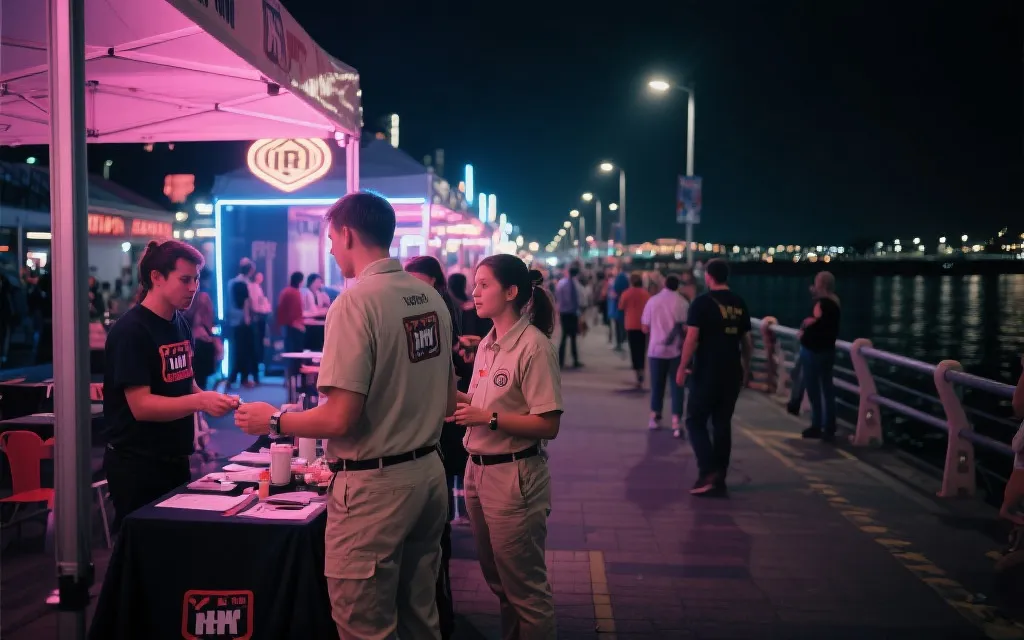 夜色中的球迷步行街与志愿者服务点，世界杯城市氛围