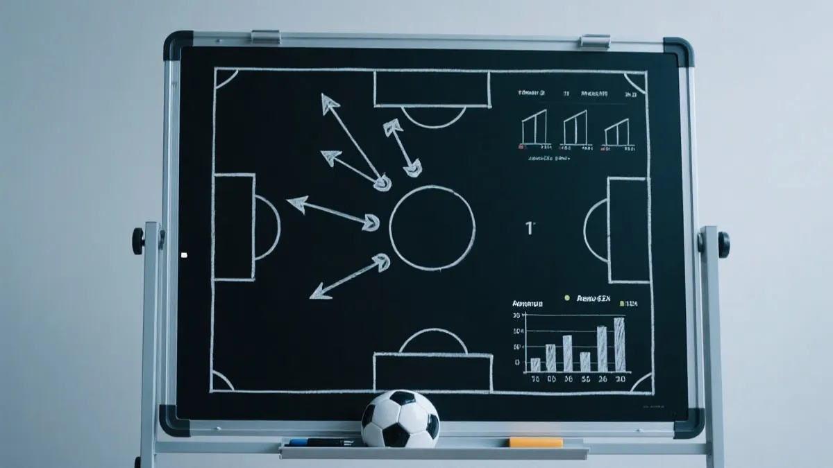 角球战术板与数据图表叠加的视觉，体现数据分析与比赛现场结合