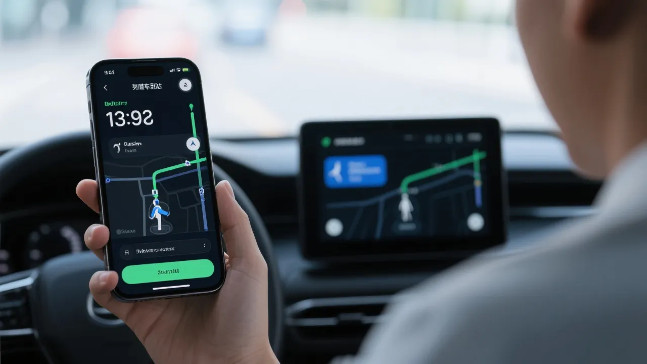 手机与车载屏显示接驳车到站倒计时与步行导航，智慧交通界面