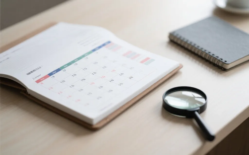 桌面上摆放笔记本和赛程表，旁边有放大镜象征信息核验与权威来源识别