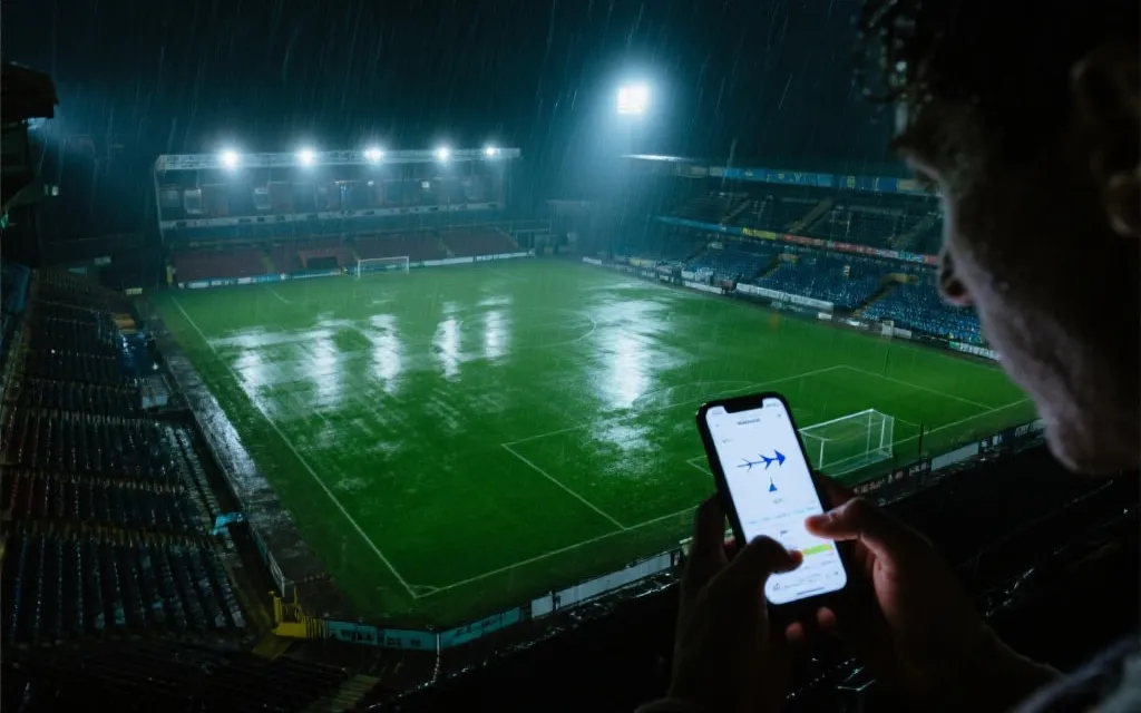 体育场雨战与风向示意，球迷手机显示天气与赛程信息
