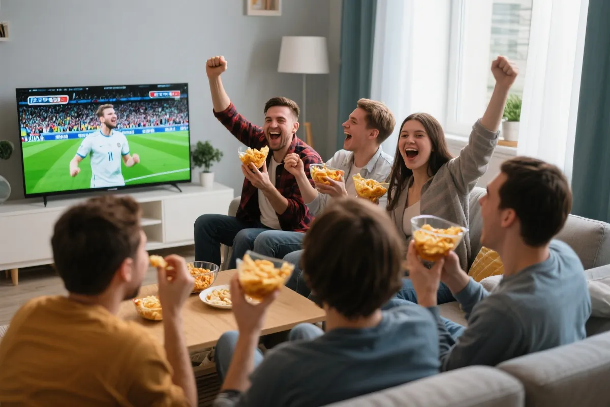 朋友们聚在一起观看世界杯，桌上有零食和饮料，氛围欢快