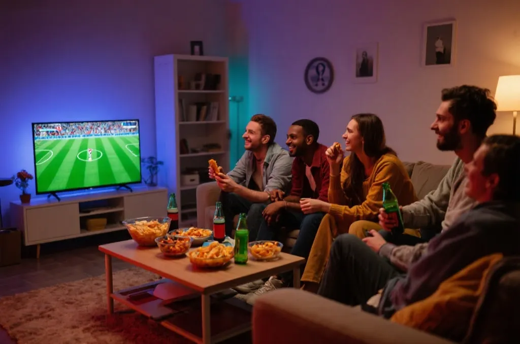 美国家庭或朋友小聚的世界杯观赛场景，客厅布置温馨，屏幕播放比赛，桌上有零食和饮料